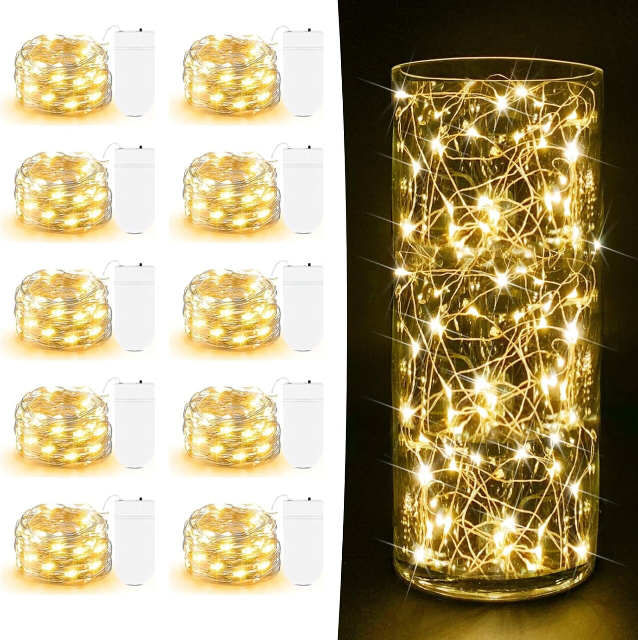 10-Pack 7FT Battery-Operated Fairy Lights – 20 LED Warm White Twinkle String Lights on Flexible Copper Wire, Firefly Lights for Mason Jars, DIY Crafts, Weddings, Christmas & Party Décor